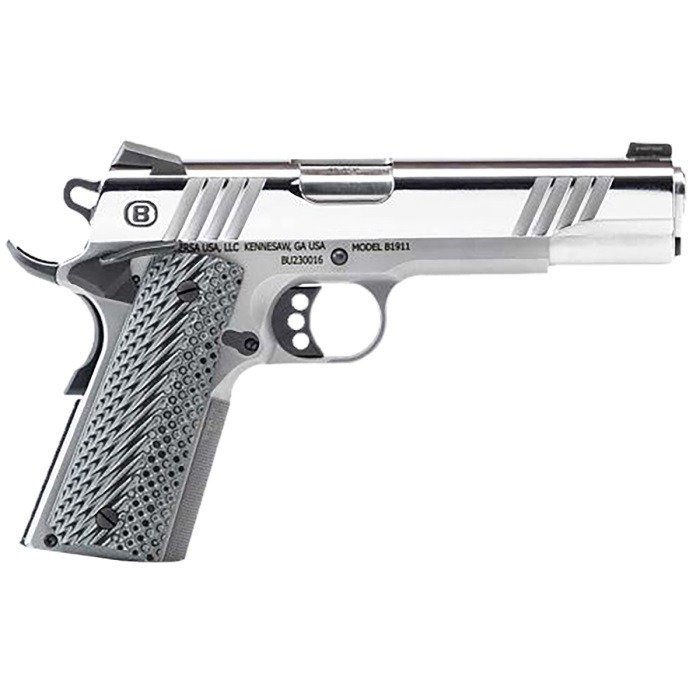 Bersa B1911 Pistol - Polished Stainless Slide | .45 ACP | 5" Barrel | 8rd | Brushed Stainless Frame | Gray Grips