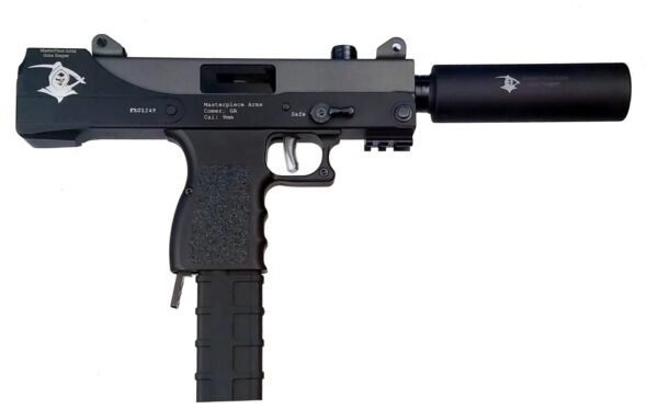 Masterpiece Arms Pistol - Black | 9mm | 6" Threaded Barrel | 30rd | W/ Barrel Extension | Grim Reaper Cerakote Design