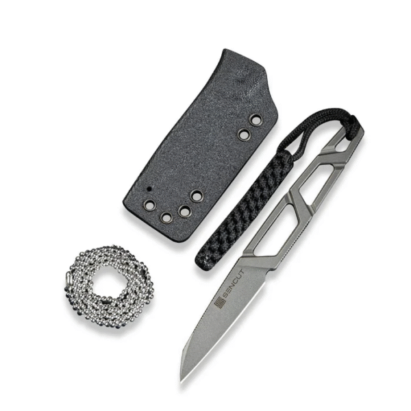 TEXO Fixed Blade Neck Knife 1.97"" Stonewash 9Cr18MoV Reverse Tanto Plain Edge Blade, Skeletonized Handle & Kydex Sheath