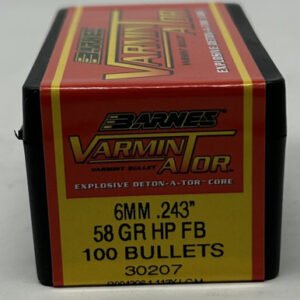 Barnes 6mm (.243 Dia) Reloading Bullets Varmin-A-Tor B30207 58 Grain Flat Base Hollow Point 100 Pieces