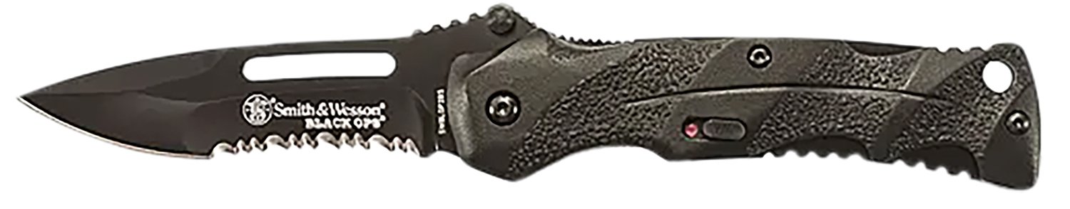 Smith & Wesson Knives SWBLOP2BSCP Black Ops  3.40" Folding Drop Point Part Serrated 4034 SS Blade Black Includes Pocket Clip
