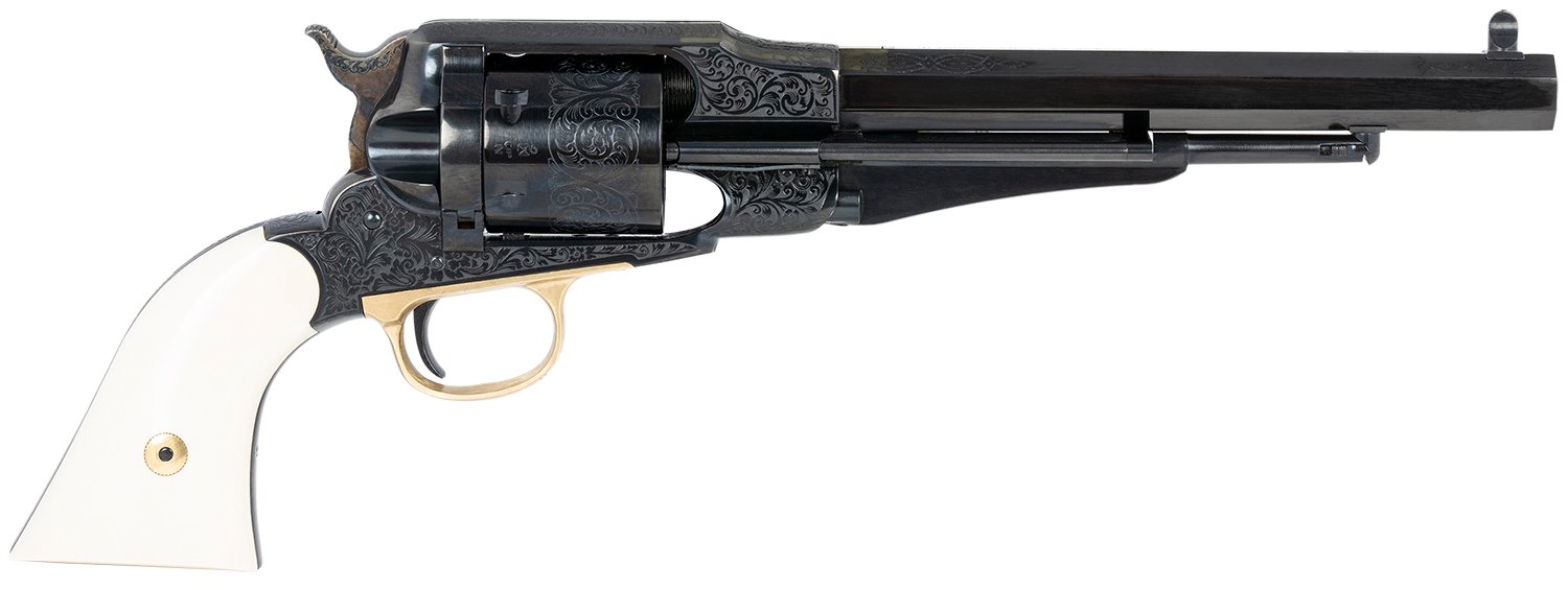 134596.jpg Taylors & Company 550761 Remington Conversion LawDawg 45 Colt (Long Colt) 6 Shot 8" Blued Engraved Octagon Barrel, Blued Engraved Cylinder, Blued Engraved Steel Frame, Ivory Grip, Exposed Hammer