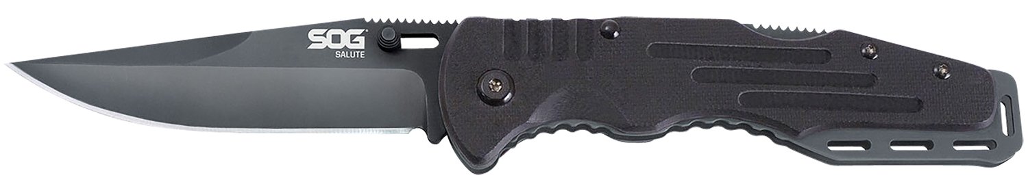 S.O.G SOG-FF11-CP Salute  3.62" Folding Clip Point Plain Black Hardcased 8Cr13MoV SS Blade Black G10 Handle Includes Belt Clip