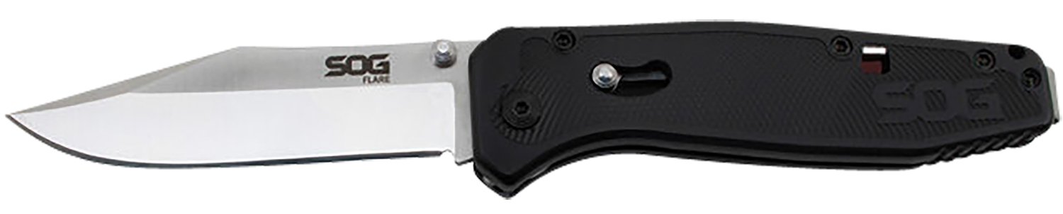S.O.G SOGFLA1001CP Flare  3.50" Folding Plain Clip Point Satin Polished/Black GRN Handle