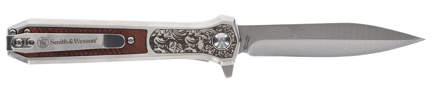 Smith & Wesson Knives 1205011 Unwavered  3.50" Folding Dagger, Plain Stonewashed 8Cr13MoV SS Blade, 4.25" Rosewood w/SS Scales Handle