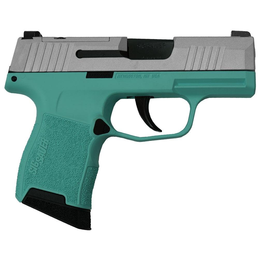 https3A2F2Fmedia.chattanoogashooting.com2Fimages2Fproduct2FXI681228TFCSS2FXI681228TFCSS-1.jpg Sig Sauer "Silver Slide/Robin's Egg Blue Frame" P365 Optic Ready Handgun 9mm Luger 10rd Magazines(2) 3.1" Barrel X-RAY 3 Sights