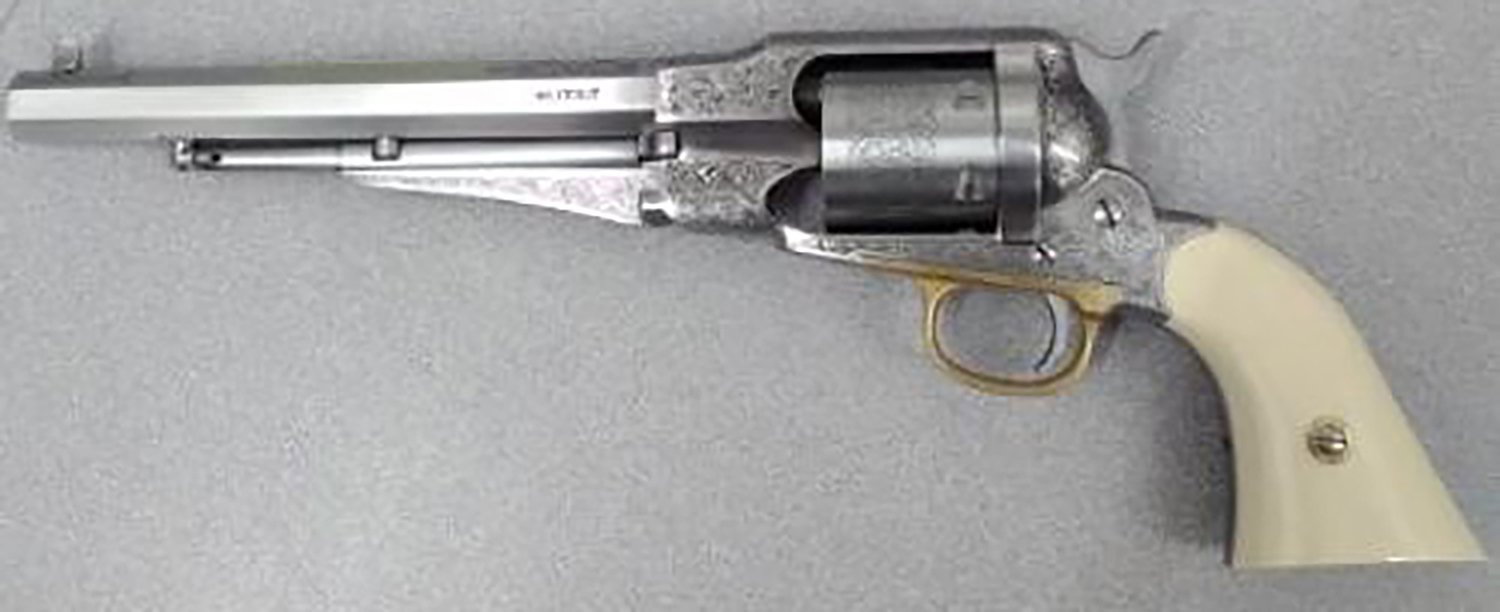134591.jpg Taylors & Company 550763 1858 Remington Conversion 45 Colt (LC) Caliber with 8" Barrel, 6rd Capacity Cylinder, Overall Nickel-Plated Engraved Finish Steel & 2-Piece Ivory Grip
