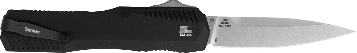 Kershaw 9000 Livewire  3.30" OTF Spear Point Plain Stonewashed CPM 20V SS Blade/ Textured Black Anodized Aluminum Handle Includes Pocket Clip
