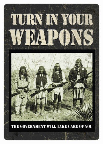 RIVERS EDGE TIN SIGN 12"X17" - "TURN IN YOUR WEAPONS"