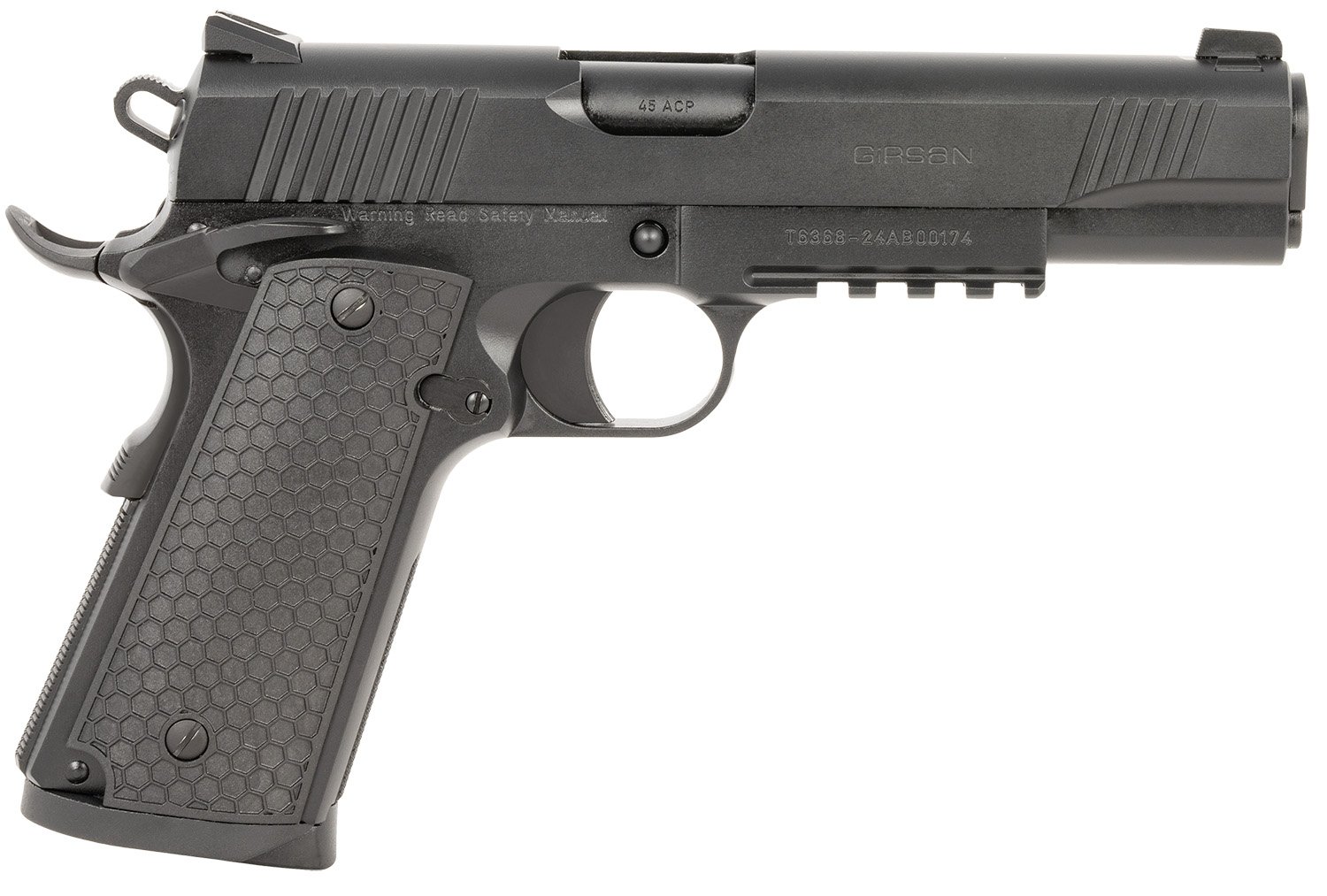 160996.jpg Girsan 392060 MC1911 S Untouchable Full Size 45 ACP 8+1 5" Black Steel Barrel, Black Serrated Steel Slide & Frame w/Beavertail & Picatinny Rail, Black Polymer Grip