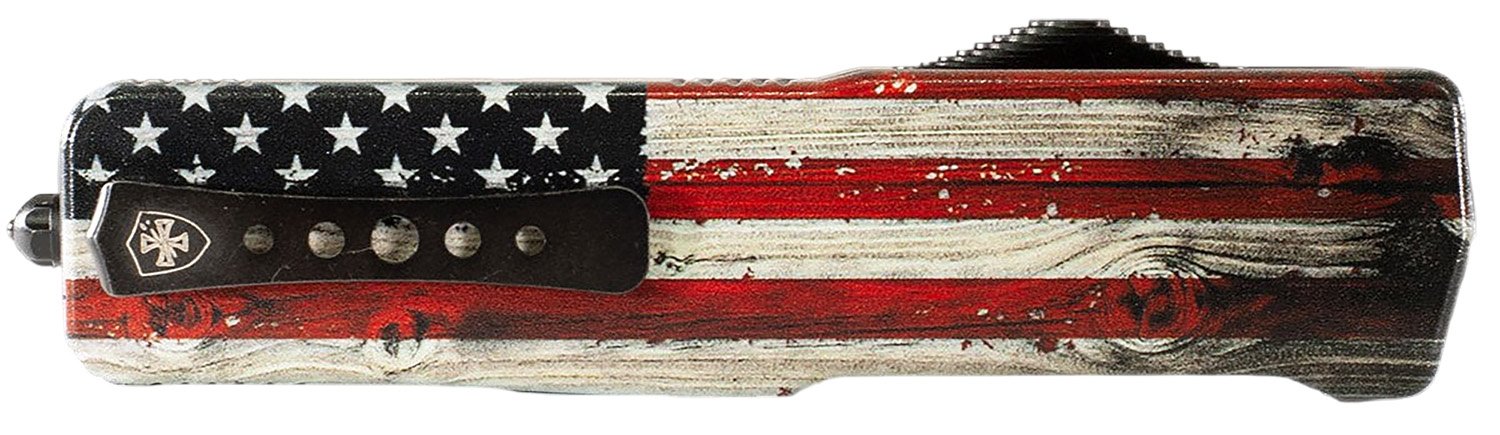 Templar Knife MZWUS121 Premium Weighted  Small 3" OTF Dagger Plain Black Oxide Stonewashed Powder Coated D2 Steel Blade, 4.50" Painted Wood Grain US Flag Aluminum Zinc Alloy Handle