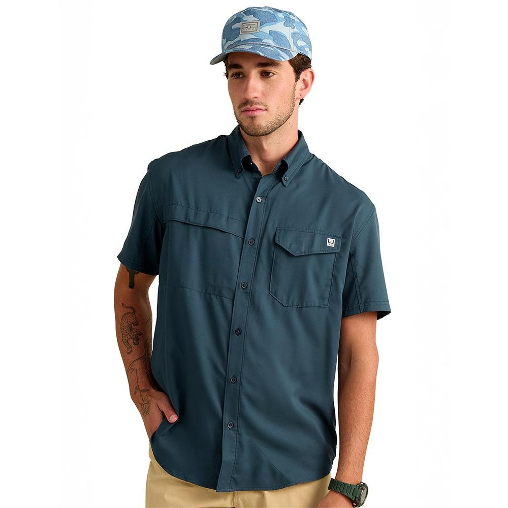 Huk Tide Point Short Sleeve Button Down Shirt Sea Storm L
