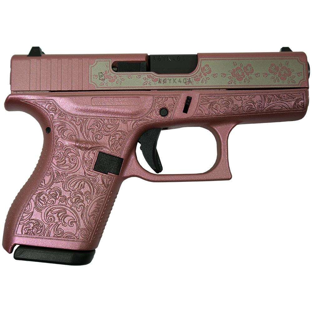 https3A2F2Fmedia.chattanoogashooting.com2Fimages2Fproduct2FGLUI4250201PGR2FGLUI4250201PGR-1.jpg Glock 42 Custom "Glock & Roses Medusa Pink" Subcompact Handgun .380 ACP 6rd Magazines (2) 3.2" Barrel USA