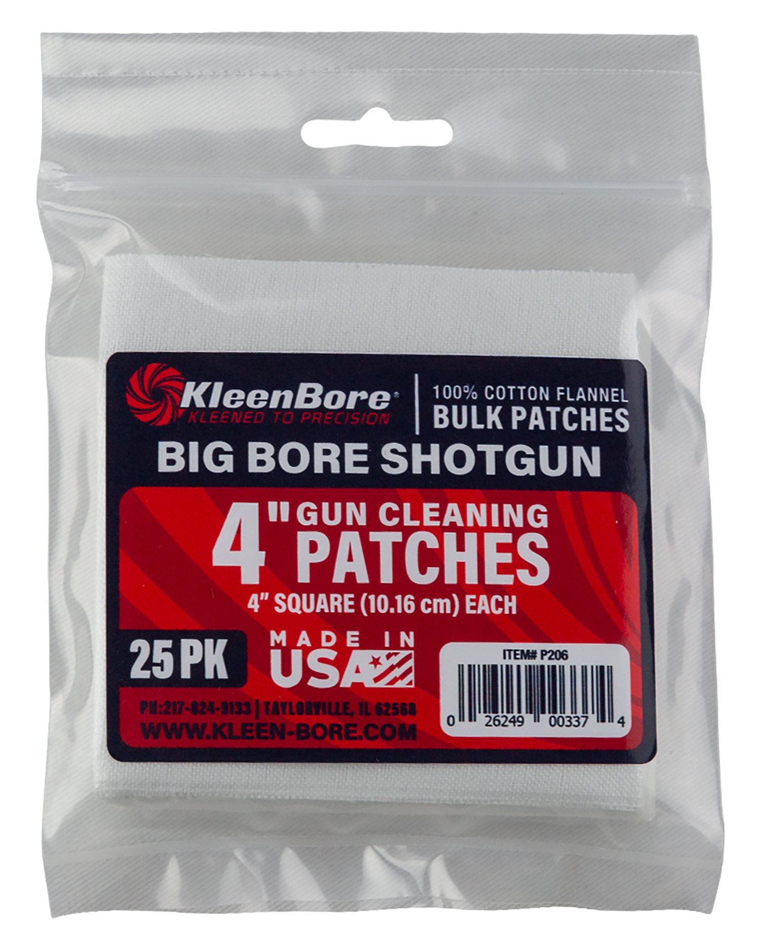 KleenBore P206 Super Shooter Big Bore Shotgun/ 37/40mm Launcher 4" 100% Cotton Flannel 25 Per Pack
