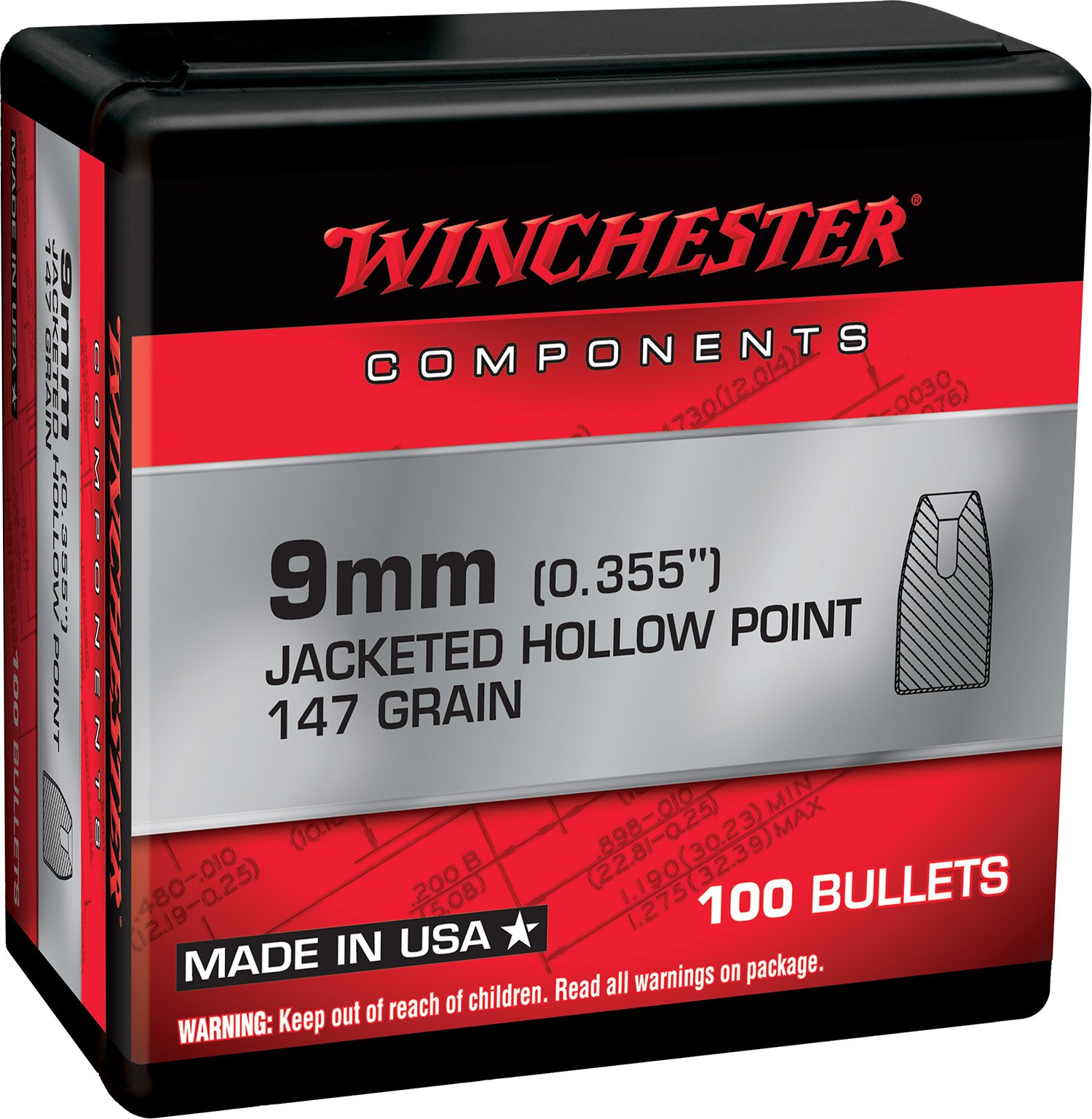 Winchester Ammo WB9JHP147X Centerfire Handgun Reloading 9mm 147gr Jacketed Hollow Point 100 Per Box/10 Case