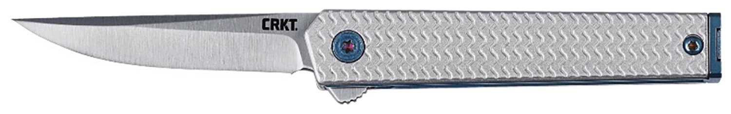 150986.jpg CRKT 7081 CEO Microflipper Micro 2.36" Flipper Drop Point Plain Satin 12C27 Sandvik Blade, Silver Textured w/Blue Liner & Accents Aluminum Handle, Includes Pocket Clip
