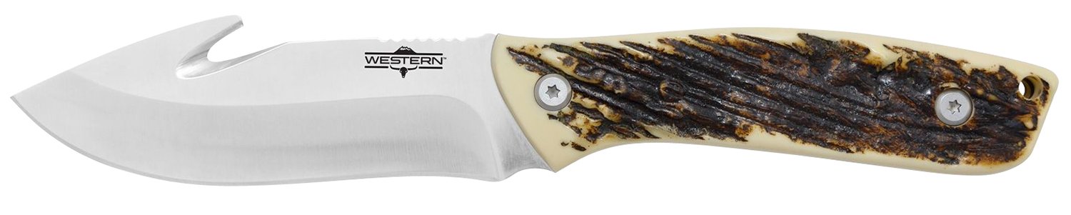 160730.jpg Camillus 19247 Western Crosstrail 4.25" Fixed Gut Hook Plain Silver 420 Steel Titanium Bonded Blade, Stag/Antler Delrin Handle, Includes Belt Loop/Sheath