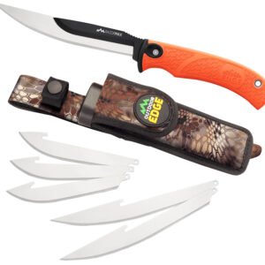 Outdoor Edge RMB20C RazorMax  6 Blades, 3.50" Drop Point/5" Boning Fillet Folding Plain Satin/Black Oxide 420J2 SS Blades, Blaze Orange Textured TPR Handle