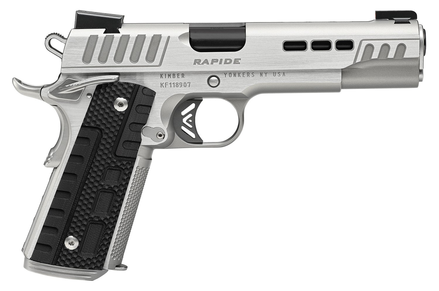 170514.jpg Kimber Mfg.,inc 3000429 Rapide Frost 10mm Auto 8+1 5" Black DLC Stainless Steel Barrel, Kimpro II Silver Lightening Cut/Serrated Stainless Steel Slide & Frame w/Beavertail, Black G10 Grip