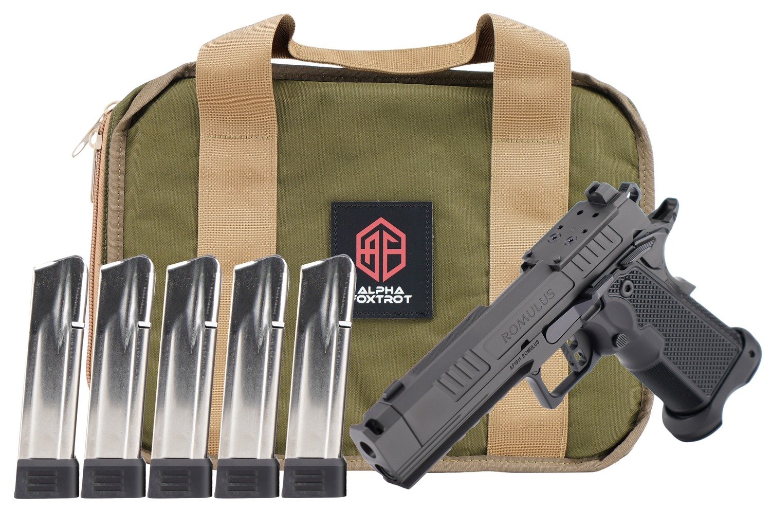 198958.jpg Alpha Foxtrot AA47X1CIG-XDBK20-PROM AF1911 Romulus Promo 9mm Luger 20+1 4.25" Black DLC Threaded Compensated Barrel, Black DLC Stainless Steel Optic Ready/Serrated Slide & Frame w/Beavertail & Picatin