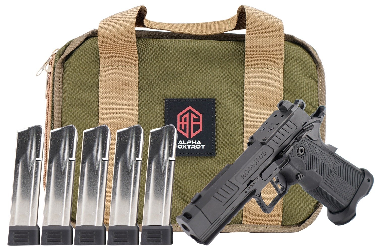 Alpha Foxtrot AA39X1QIG-XDBK20-PROM AF1911 Romulus Promo Compact Frame 9mm Luger 20+1 3.50" Black DLC Threaded Compensated Barrel, Black DLC Stainless Steel Optic Ready/Serrated Slide & Frame w/Beaver