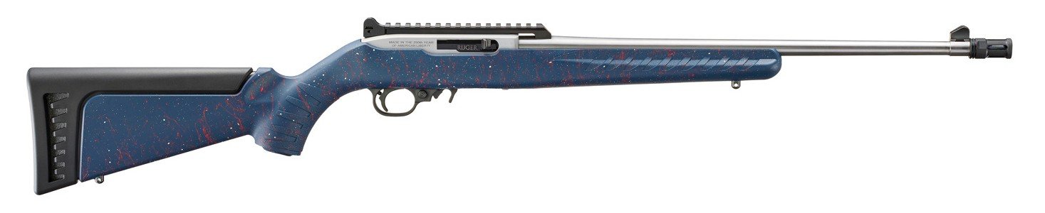 RUGER 10/22 22LR 18.5IN BARREL 10RD SS TB W/FH 250TH YR ANNIV ENG ON RCV BLUE SYN STOCK W/ RED AND WH SPLATTER 32039