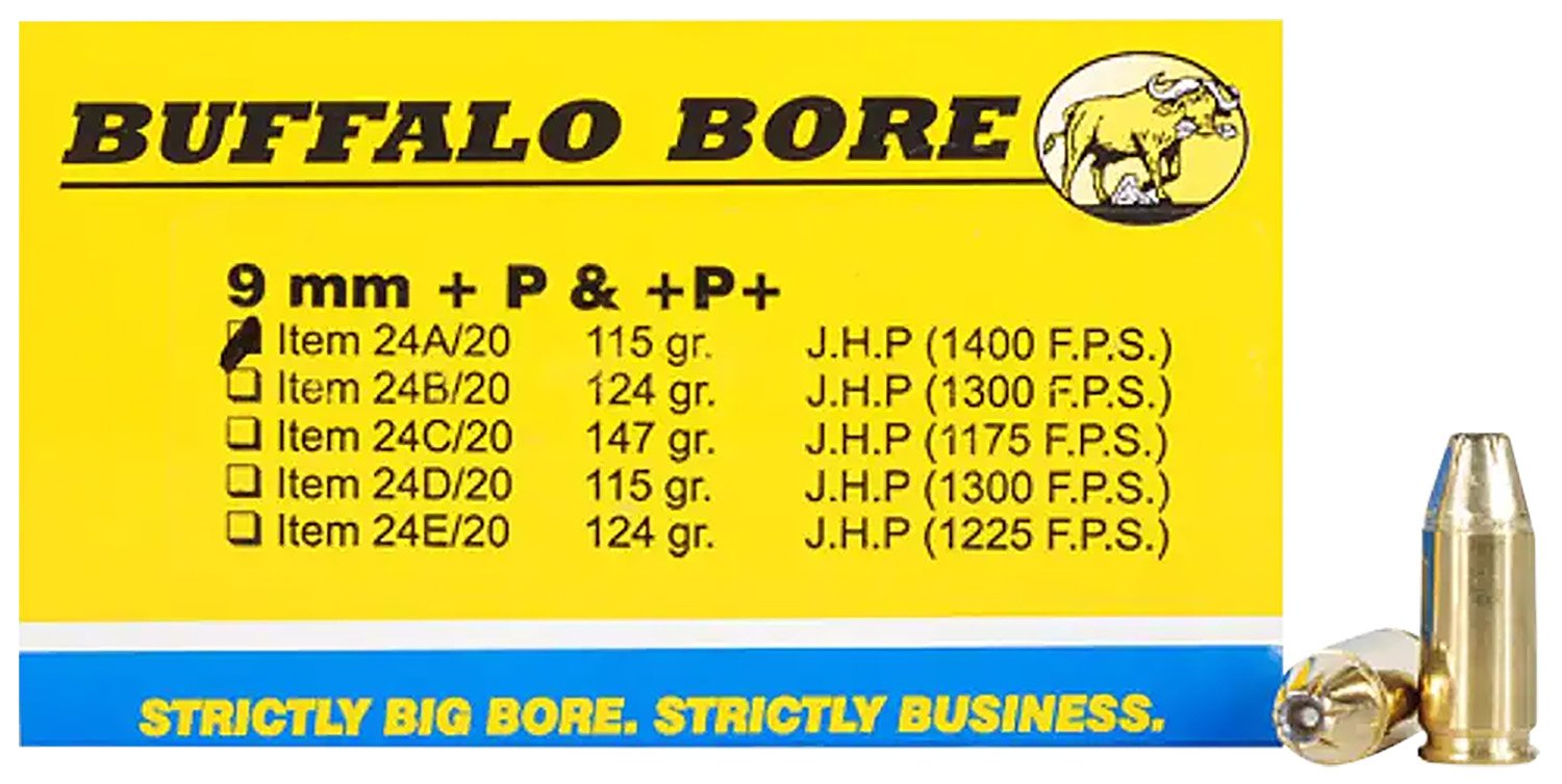 82091.jpg Buffalo Bore Ammunition 24A20 Personal Defense Strictly Business 9mmLuger +P+ 115gr Jacket Hollow Point 20 Per Box/12 Case