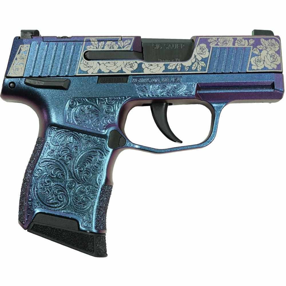 https3A2F2Fmedia.chattanoogashooting.com2Fimages2Fproduct2FXI681228MGR2FXI681228MG-right.jpg Sig Sauer "Gun & Roses-Mongoose Purple" P365 Optic Ready Handgun 9mm Luger 10rd Magazines(2) 3.1" Barrel X-RAY 3 Sights