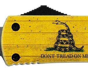 Templar Knife MDTOM331 Gen II Don't Tread On Me Slim 3.50" OTF Drop Point Plain Black Oxide Stonewashed 440C SS Blade, 5.05" Yellow w/Flag & "Don't Tread On Me" Aluminum Handle, Glass Breaker