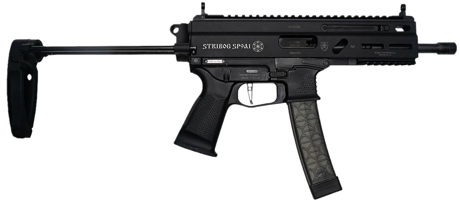 177388.jpg Grand Power 850003223131 SP9A1 Stribog 9mm Luger 30+1 8" Black Threaded Barrel, M-LOK Handguard, Black Aluminum Picatinny Rail Receiver, Black PDW Tailhook Brace, Black Polymer Grip, Thread Protector