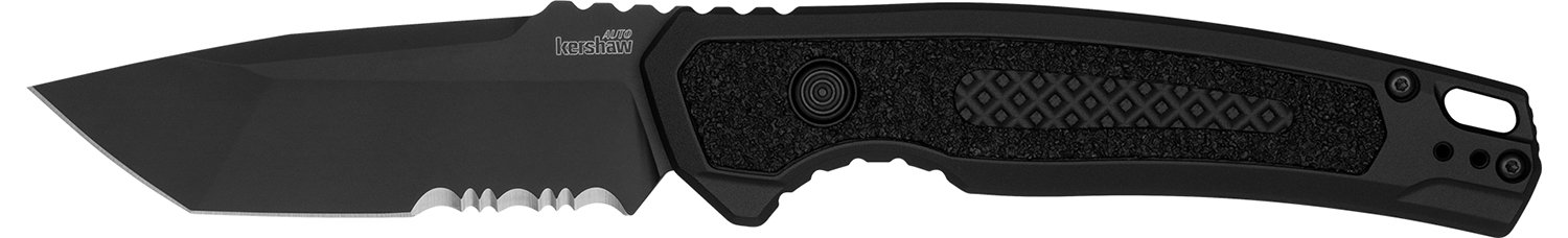 Kershaw 7105 Launch 16 Automatic 3.45" Folding Tanto Part Serrated Plain Black Cerakote CPM M4 Steel Blade, Black Cerakote Aluminum Handle