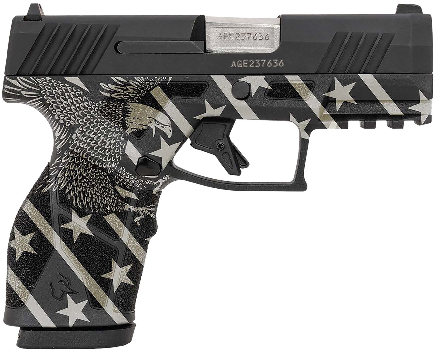 Taurus 1-GX2931-EN1 GX2  Compact Frame 9mm Luger 13+1 3.38" Stainless Steel Barrel, Matte Black Serrated Alloy Steel Slide, Black w/Eagle, Stars & Stripes Polymer Frame w/Accessory Rail