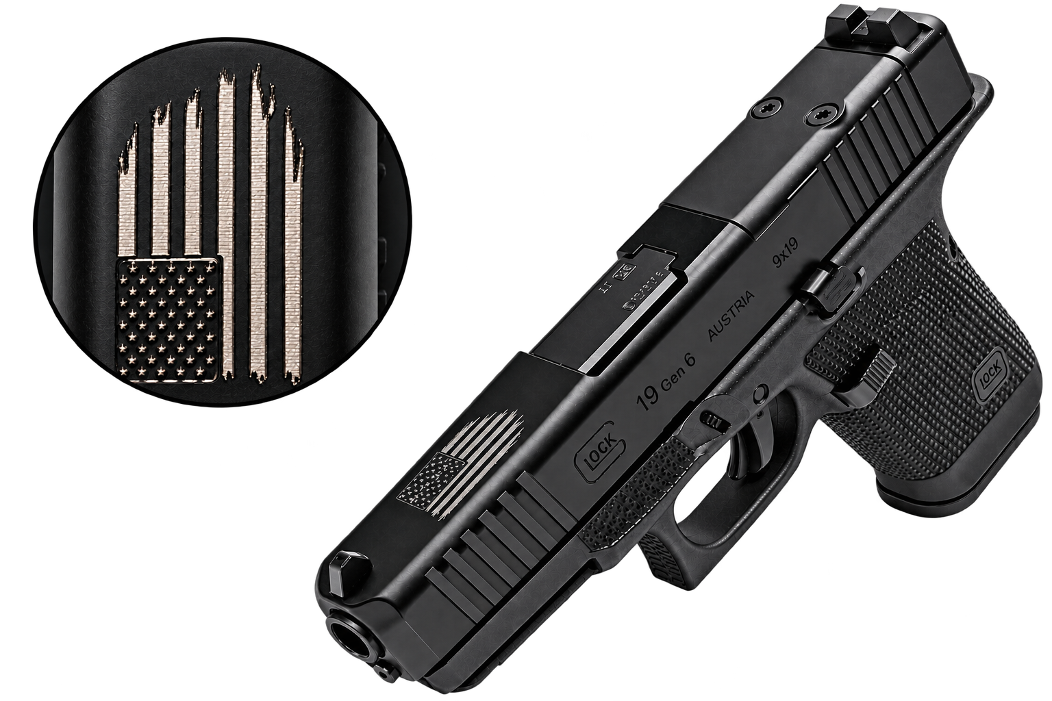 GLOCK 19 GEN6 9MM 4.02IN BARREL 15RD  SILVER DISTRESSED FLAG P61950203 DTFLAG CAMFOUR EXCLUSIVE - Glock