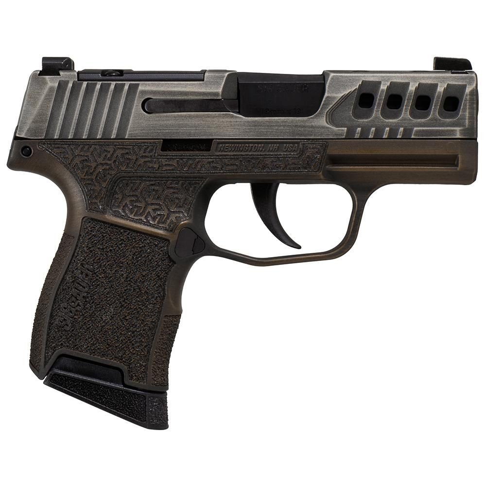 https3A2F2Fmedia.chattanoogashooting.com2Fimages2Fproduct2FXI681228GB3652FGoldBugP365BB-R.jpg Sig Sauer P365 "Gold Bug" Handgun 9mm luger 10rd Magazines(2) 3.1" Black Barrel Tactical Cut Distressed Grey Slide/Brown Grip Octagon Stippling