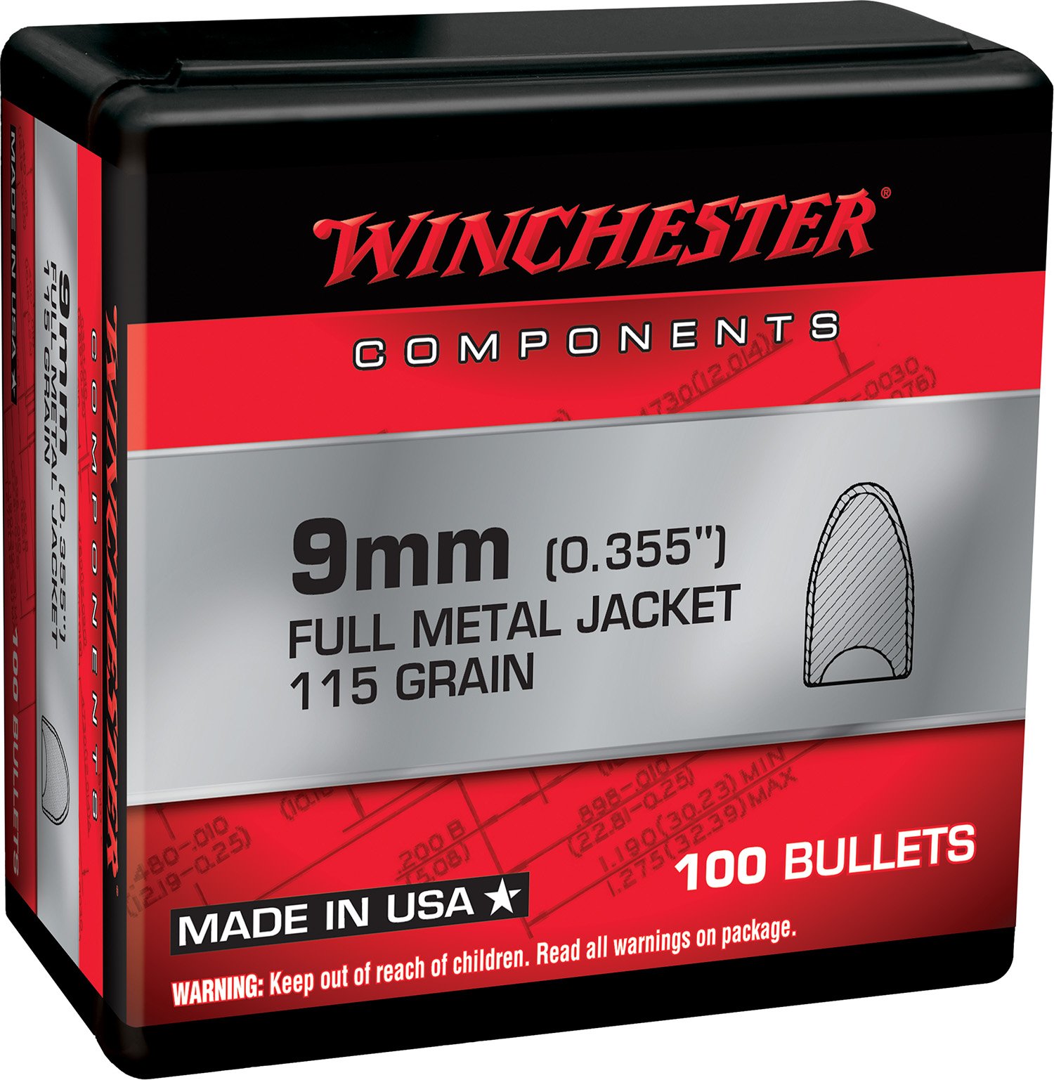 133820.jpg Winchester Ammo WB9MC115X Centerfire Handgun Reloading 9mm 115gr Full Metal Jacket Flat Base 100 Per Box/10 Case
