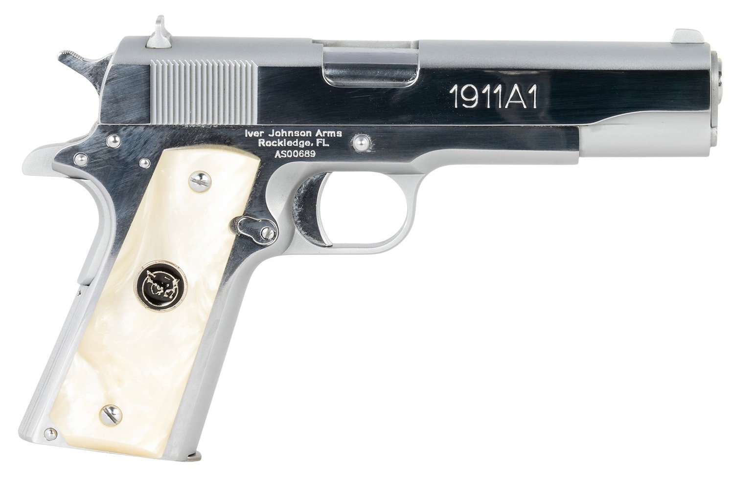 Iver Johnson Arms 1911A138CHRWP 1911 38 Super 8+1 5" Stainless Steel Barrel, Bright Polish Chrome Stainless Steel Serrated Slide, Pearl Grip