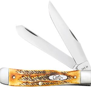 Case 65345 Trapper  3.25" Folding Clip Point/Spey Plain Mirror Polished Tru-Sharp SS Blades, Burnt Dark Amber 6.5 BoneStag Handle, Includes Pocket Clip