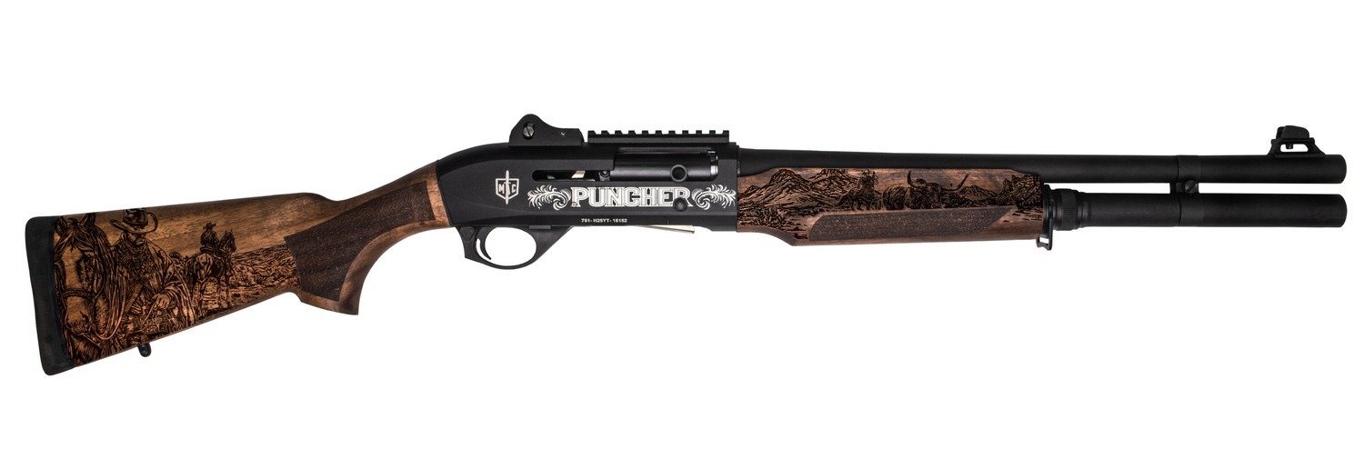 196763.jpg MAC 21000122PNCH Cowboy Puncher 12 Gauge Semi-Auto 3" 5+1 18.50" 18" Black Barrel, Black Engraved Receiver w/Picatinny Rail, Engraved Wood Stock