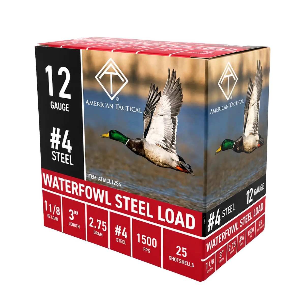 https3A2F2Fmedia.chattanoogashooting.com2Fimages2Fproduct2FAKATIACL12S42FAKATIACL12S41.jpg ATI Waterfowl Steel Shotshells 12ga 3" 1-1/8oz 1500fps #4 25/ct