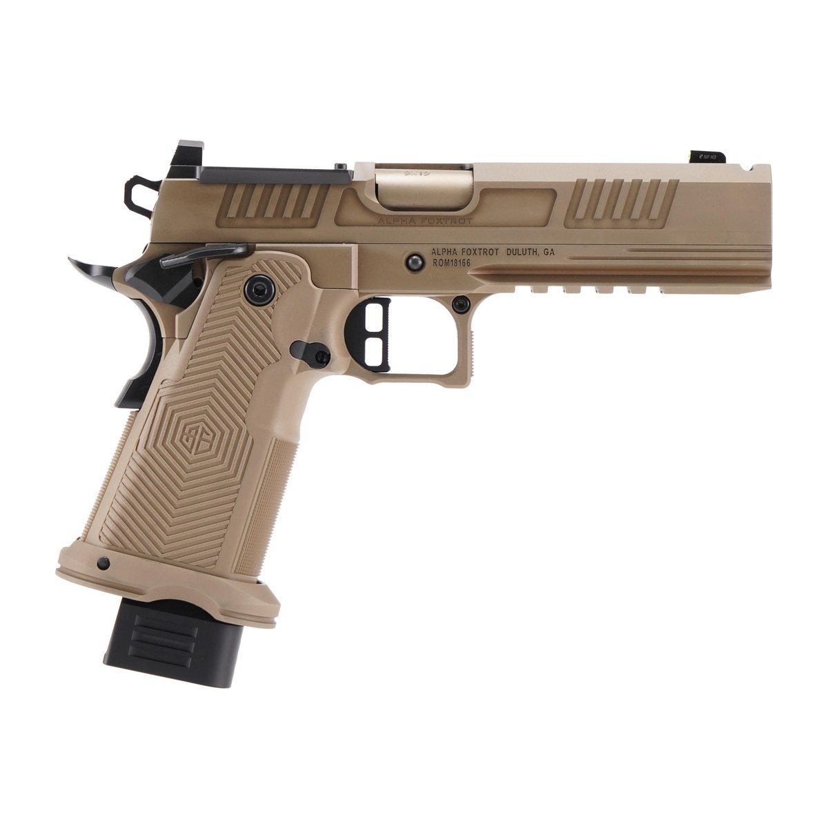 https3A2F2Fmedia.chattanoogashooting.com2Fimages2Fproduct2FXXAA39X1EIHXDFE192FXXAA39X1EIHXDFE191-1.jpg Alpha Foxtrot AF1911-Romulus MOS Adapter Handgun 9mm Luger 17(1) & 20rd(1) Magazines 5" Comp Bull Barrel FDE